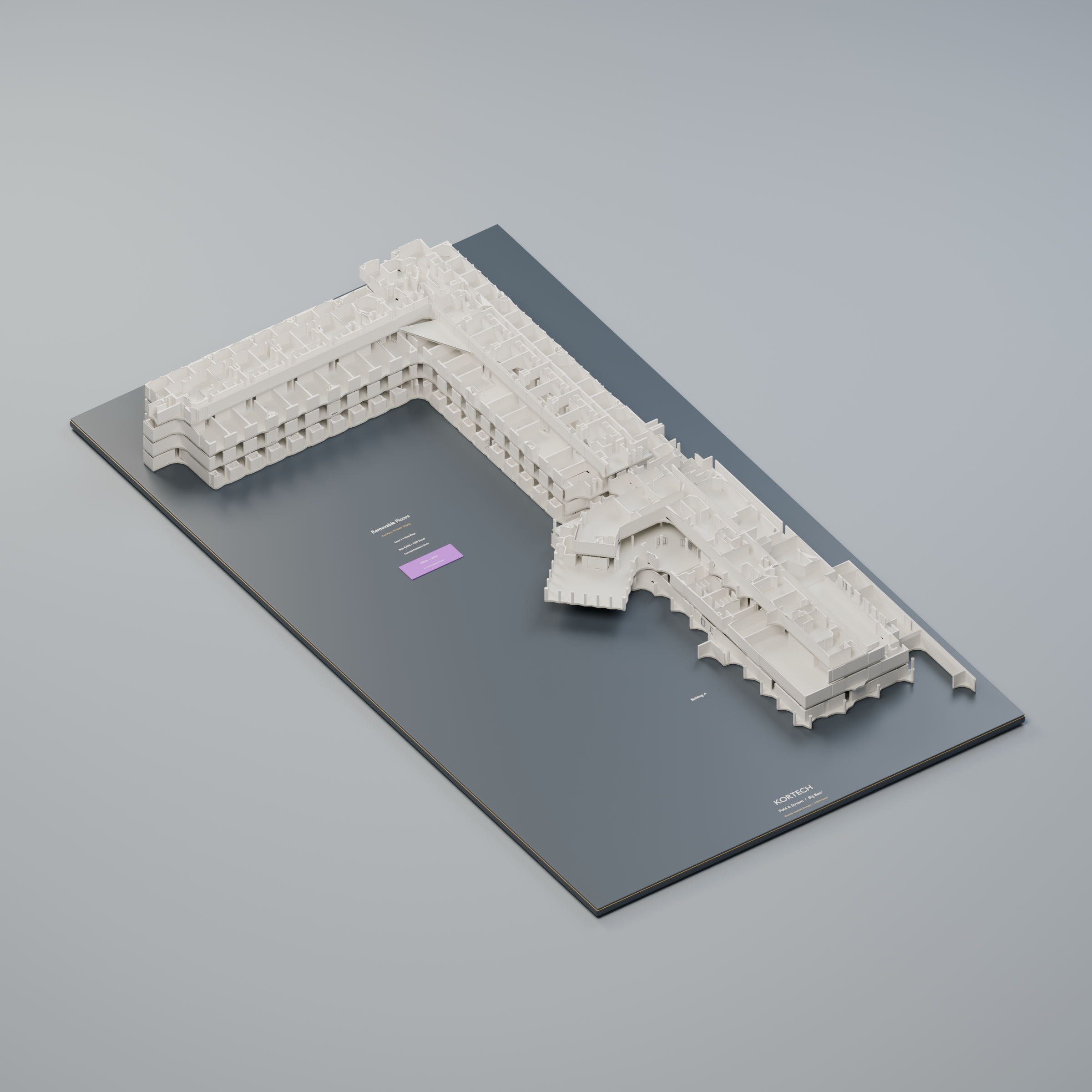 Digital render of a multi-level architectural model on a Kortech-branded display base