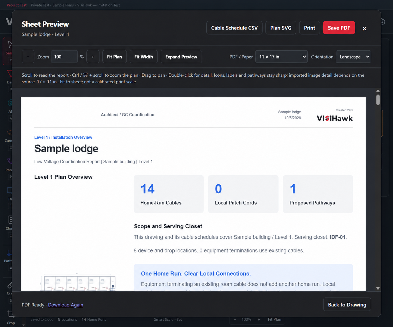 VisiHawk Sheet Preview illustration showing a Sample Lodge coordination report and PDF, CSV and SVG export controls.
